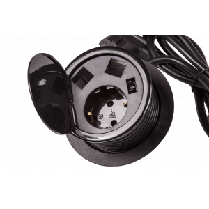 Desktop grommet box for two Keystone modules and one power socket with 1.8 m cord, black